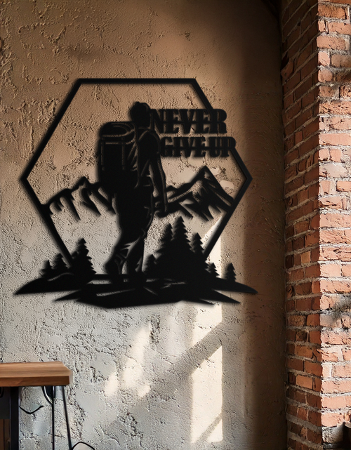 Load image into Gallery viewer, Never Give Up Hiking Metal Wall Art – Motivational Mountain Hiker Black Steel Decor for Adventure Lovers and Outdoor Enthusiasts- KAF463