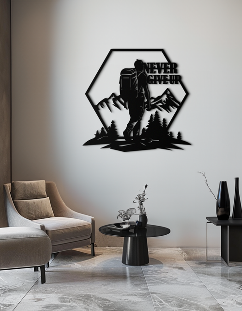 Load image into Gallery viewer, Never Give Up Hiking Metal Wall Art – Motivational Mountain Hiker Black Steel Decor for Adventure Lovers and Outdoor Enthusiasts- KAF463
