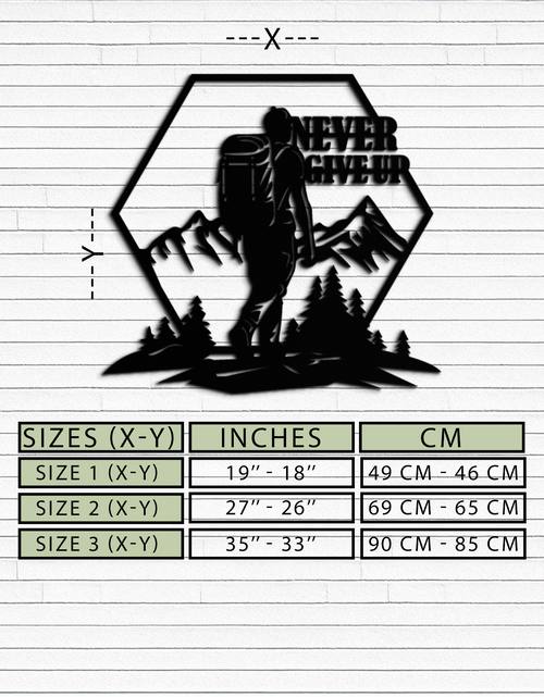 Load image into Gallery viewer, Never Give Up Hiking Metal Wall Art – Motivational Mountain Hiker Black Steel Decor for Adventure Lovers and Outdoor Enthusiasts- KAF463