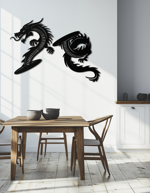 Load image into Gallery viewer, Yin Yang Dragon Duo Metal Wall Art – Eastern-Inspired Black Steel Decor for Modern, Zen and Asian-Themed Interiors- KAF464