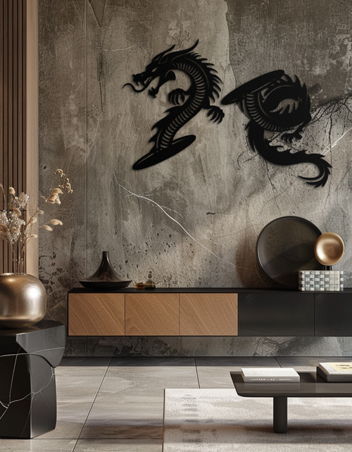 Load image into Gallery viewer, Yin Yang Dragon Duo Metal Wall Art – Eastern-Inspired Black Steel Decor for Modern, Zen and Asian-Themed Interiors- KAF464