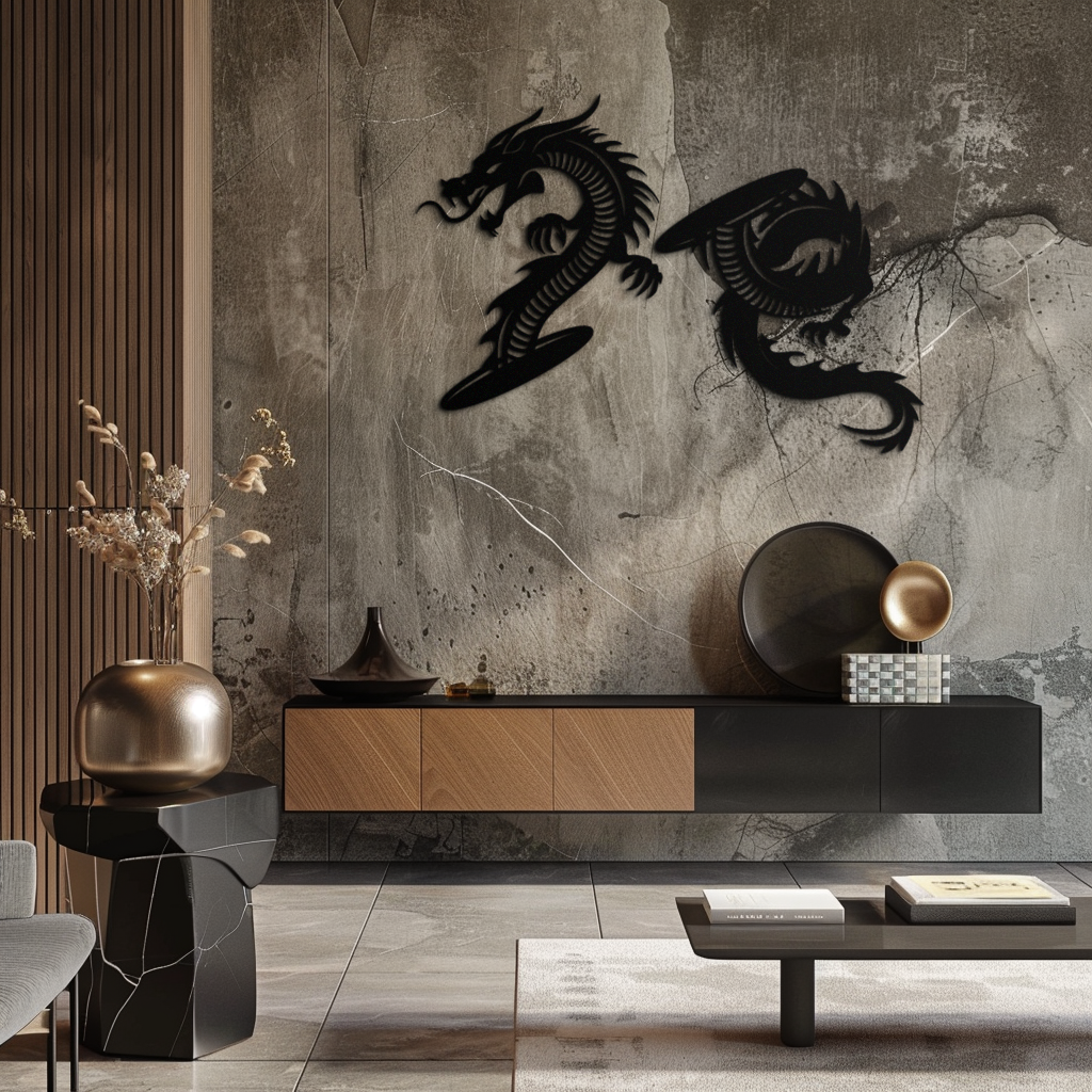 Yin Yang Dragon Duo Metal Wall Art – Eastern-Inspired Black Steel Decor for Modern, Zen and Asian-Themed Interiors- KAF464