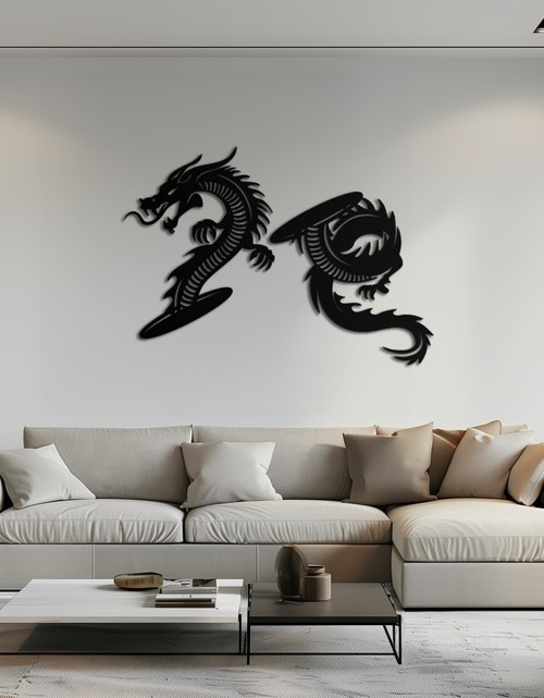 Load image into Gallery viewer, Yin Yang Dragon Duo Metal Wall Art – Eastern-Inspired Black Steel Decor for Modern, Zen and Asian-Themed Interiors- KAF464