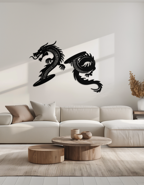 Load image into Gallery viewer, Yin Yang Dragon Duo Metal Wall Art – Eastern-Inspired Black Steel Decor for Modern, Zen and Asian-Themed Interiors- KAF464