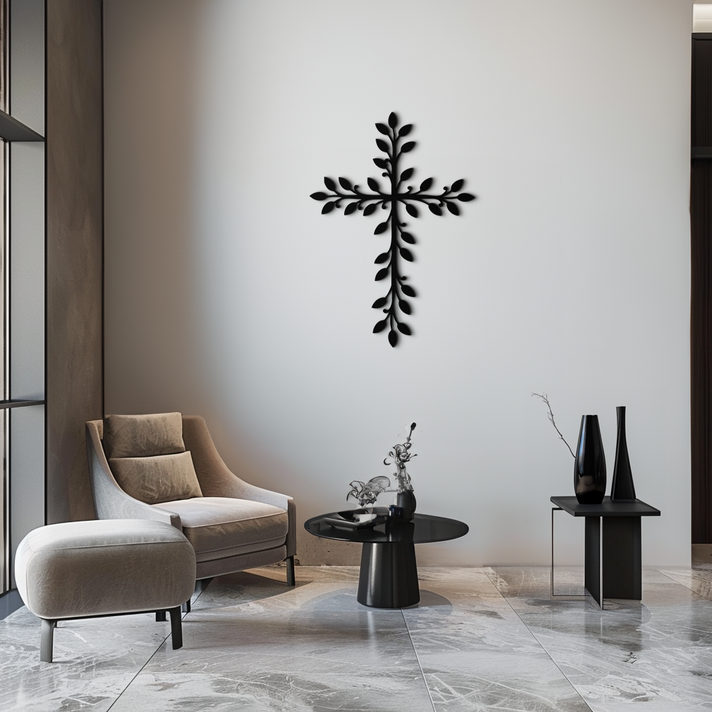 Leaf Cross Metal Wall Art - Elegant Botanical Christian Home Decor- KAF482
