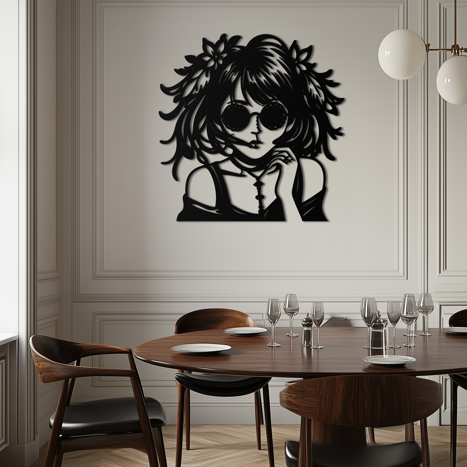 Anime Girl Silhouette Metal Wall Art – Black Steel Artistic Modern Home Decor- KAF490