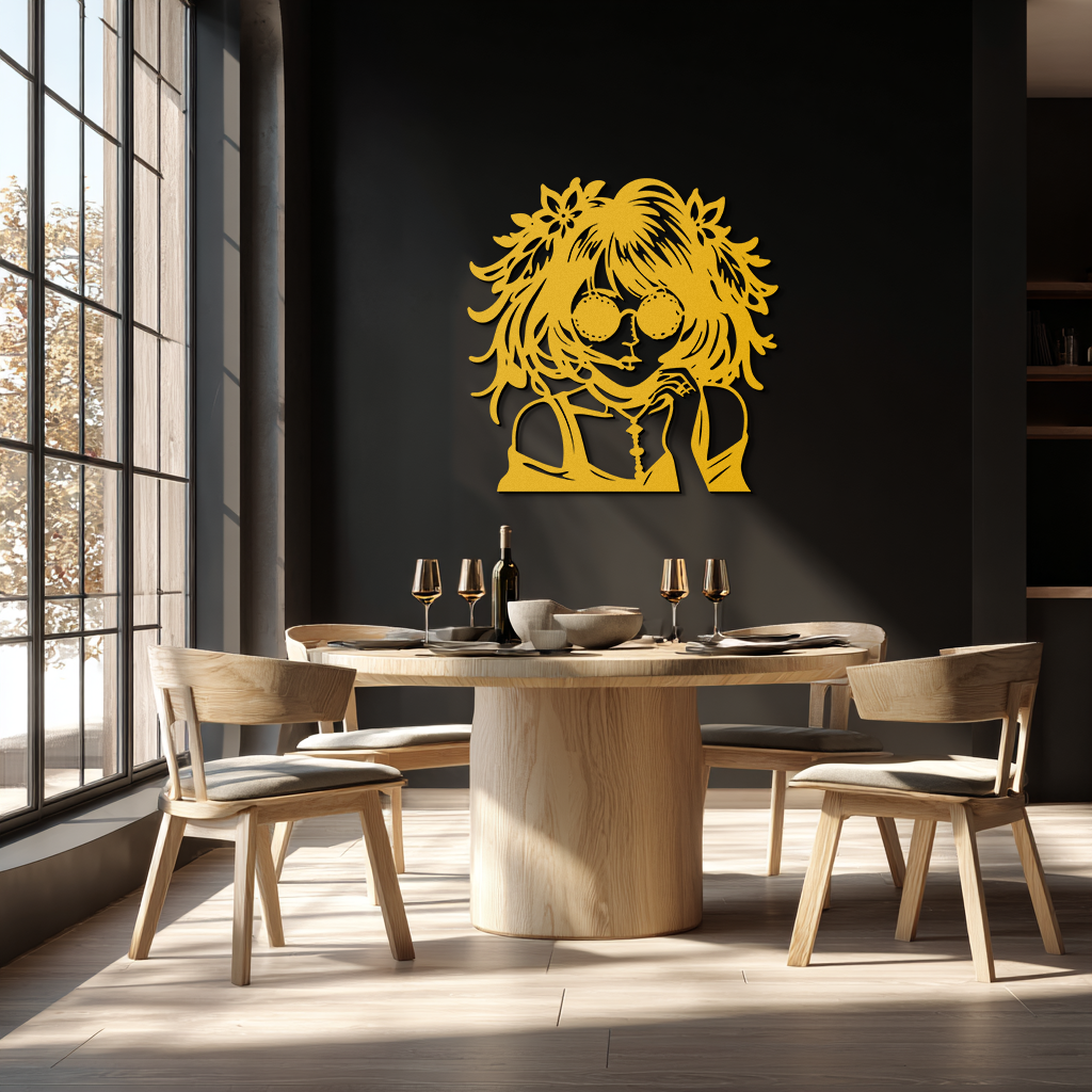 Anime Girl Silhouette Metal Wall Art – Black Steel Artistic Modern Home Decor- KAF490