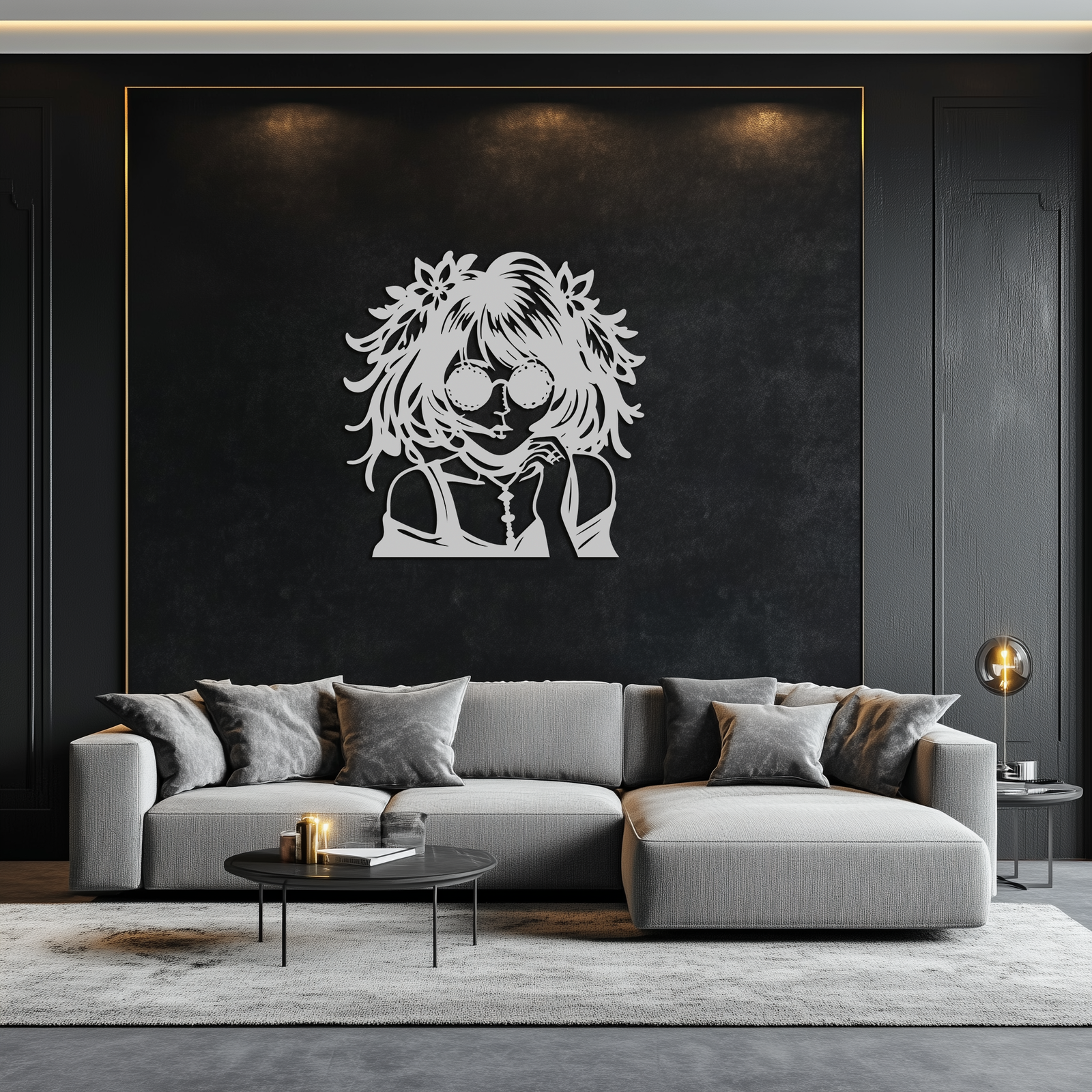Anime Girl Silhouette Metal Wall Art – Black Steel Artistic Modern Home Decor- KAF490