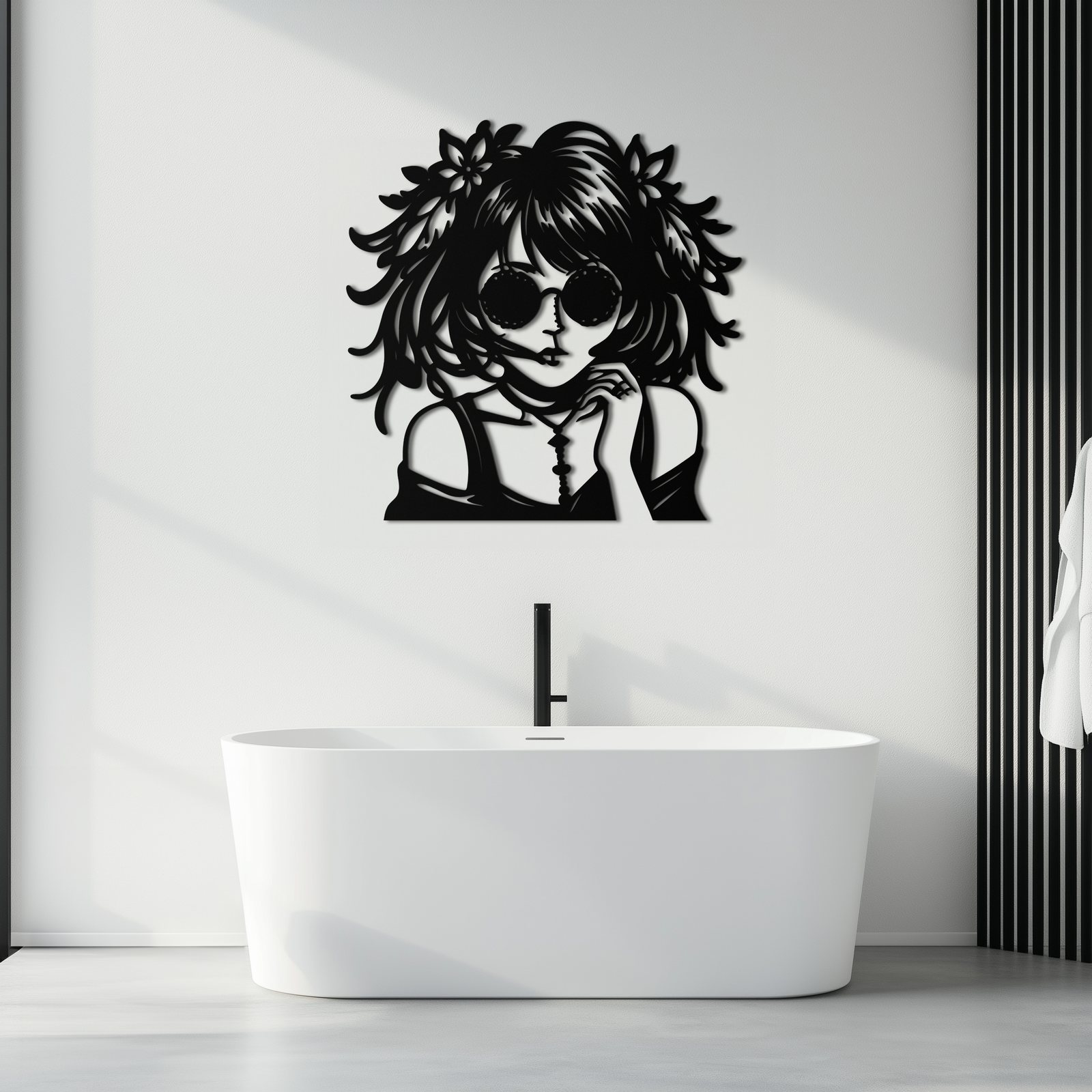 Anime Girl Silhouette Metal Wall Art – Black Steel Artistic Modern Home Decor- KAF490