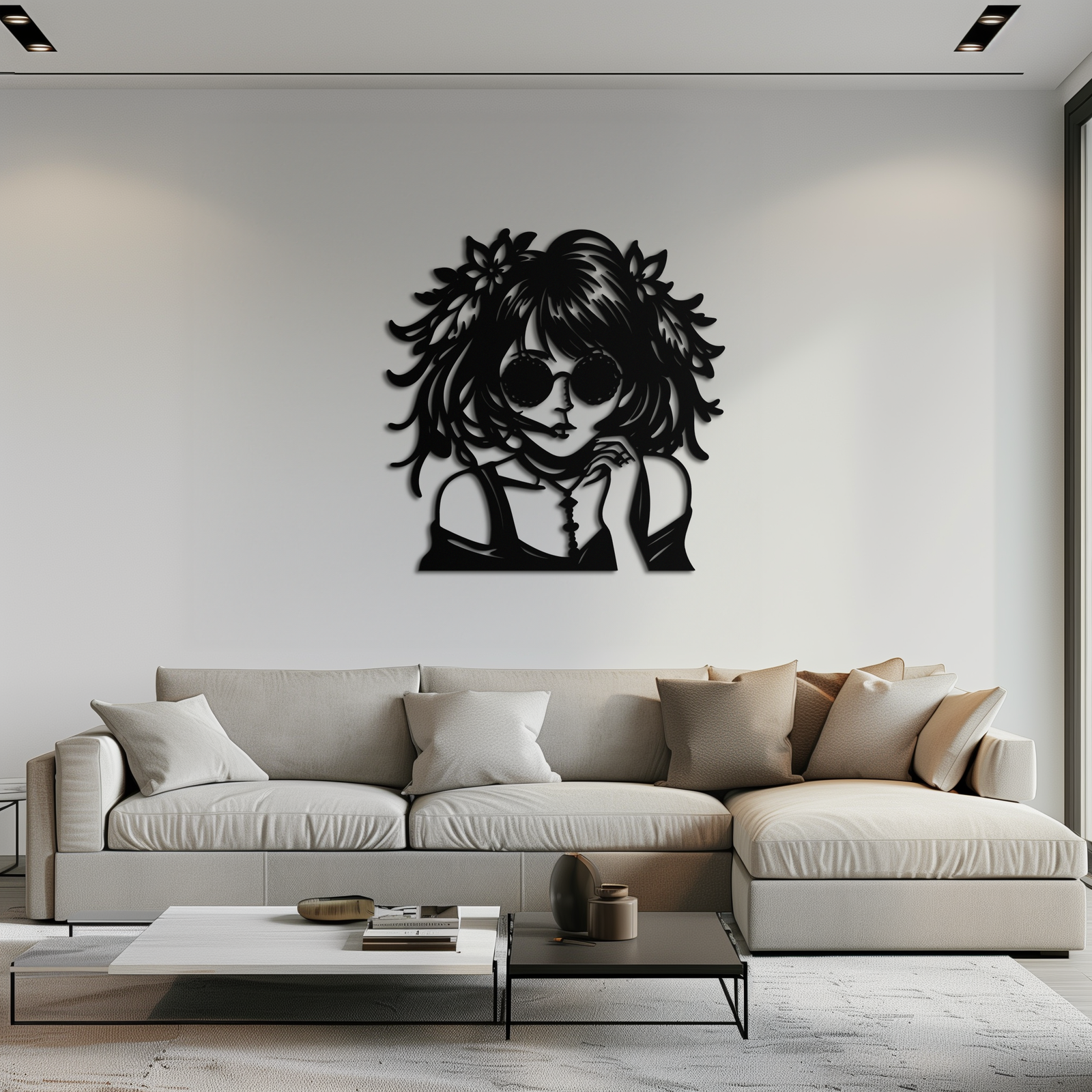 Anime Girl Silhouette Metal Wall Art – Black Steel Artistic Modern Home Decor- KAF490