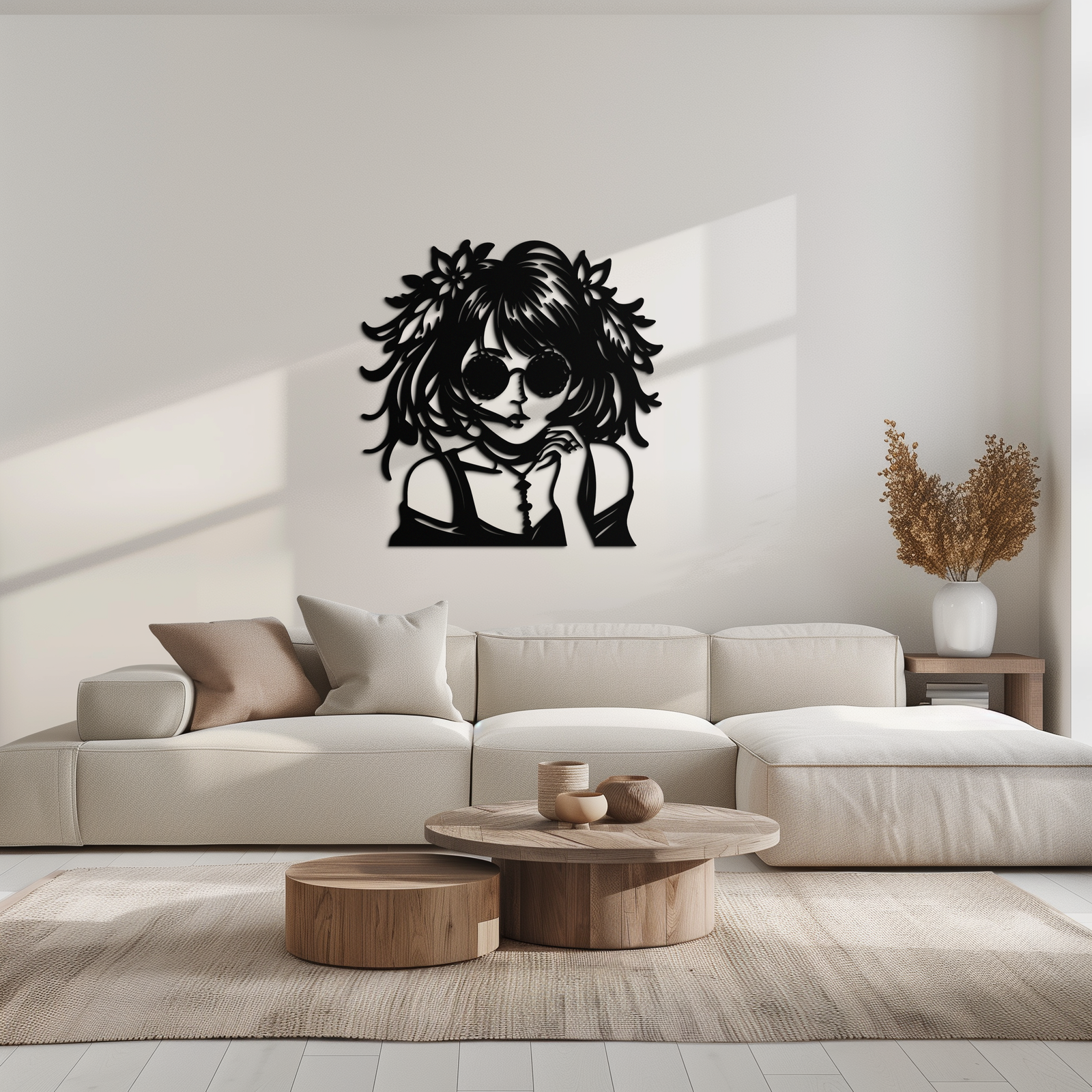 Anime Girl Silhouette Metal Wall Art – Black Steel Artistic Modern Home Decor- KAF490