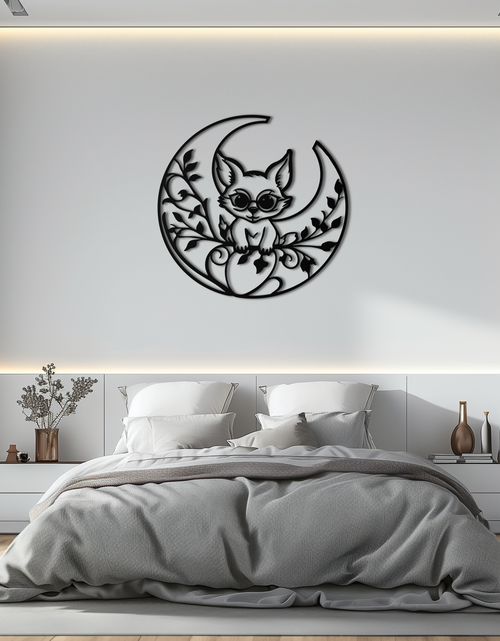 Load image into Gallery viewer, Moon Cat Silhouette Metal Wall Art – Black Steel Whimsical Pet Lover Decor- KAF492