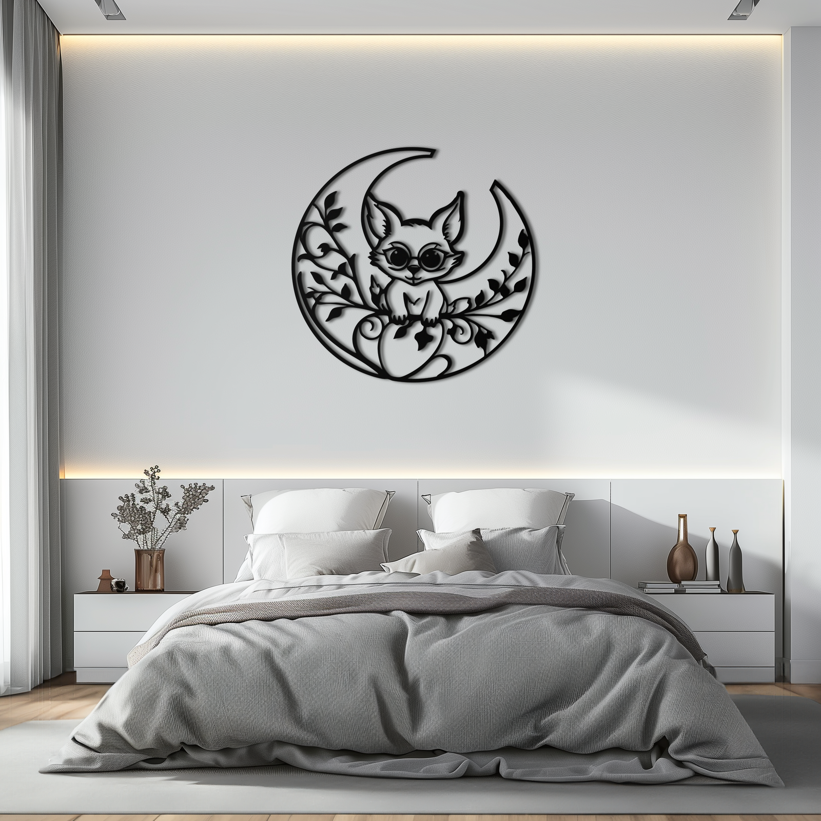Moon Cat Silhouette Metal Wall Art – Black Steel Whimsical Pet Lover Decor- KAF492