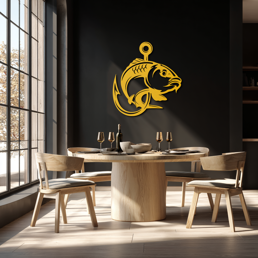 Fishing Hook and Fish Silhouette Metal Wall Art – Black Steel Angler’s Home Decor- KAF495