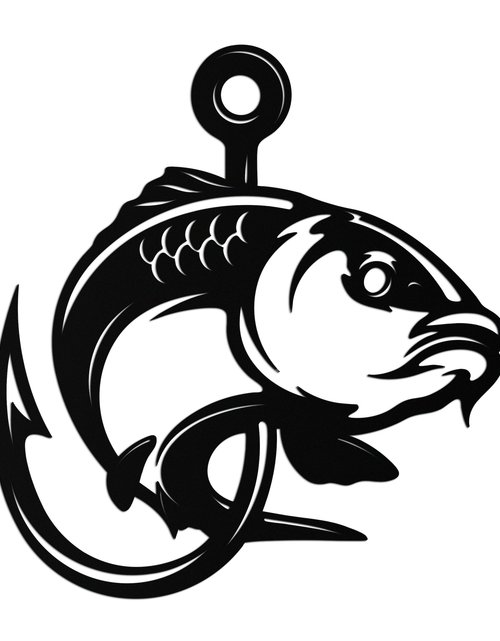 Load image into Gallery viewer, Fishing Hook and Fish Silhouette Metal Wall Art – Black Steel Angler’s Home Decor- KAF495
