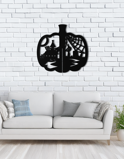 Load image into Gallery viewer, Halloween Pumpkin Metal Wall Art – Spooky Black Steel Halloween Decor- KAF498