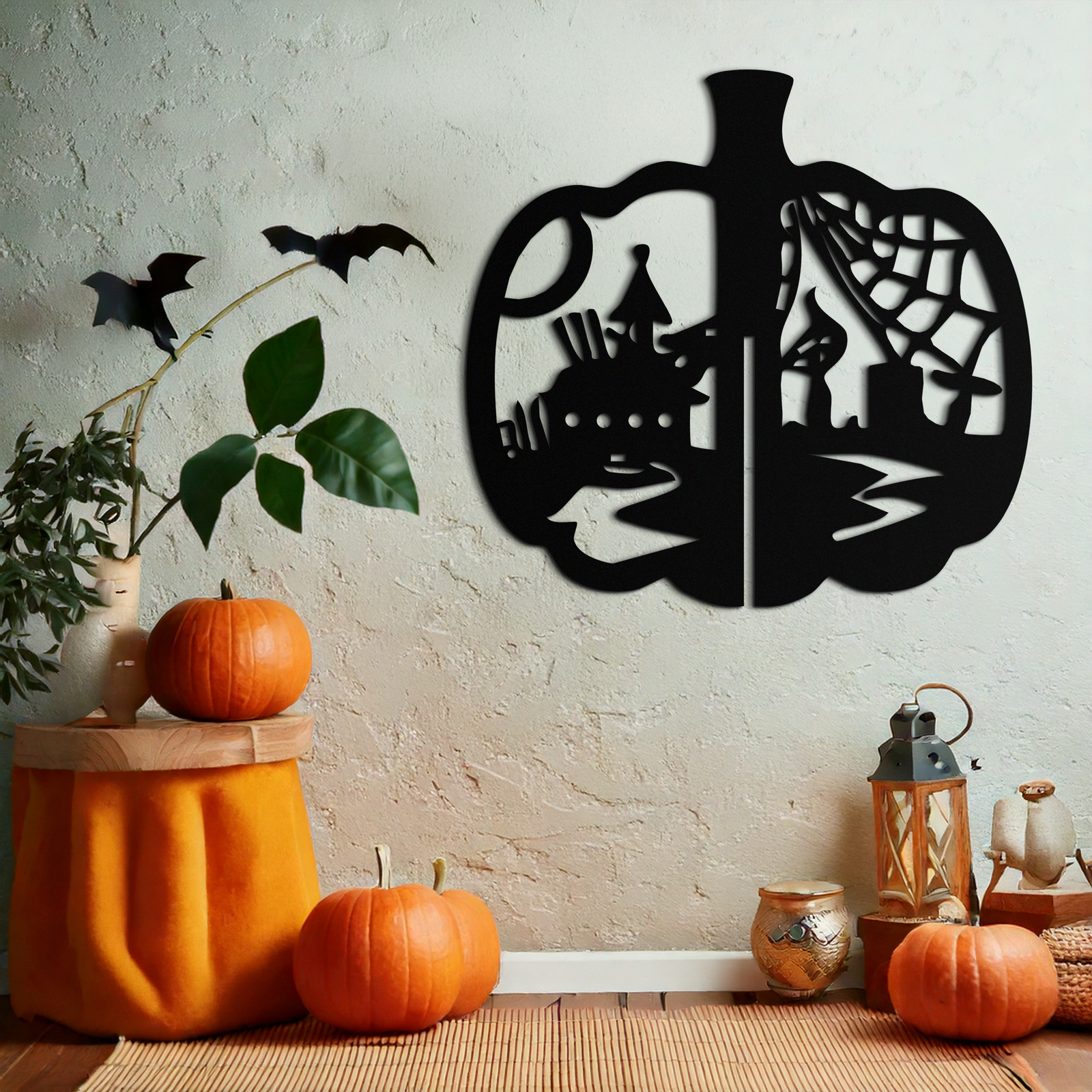 Halloween Pumpkin Metal Wall Art – Spooky Black Steel Halloween Decor- KAF498