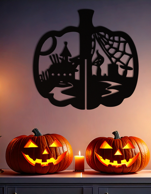 Load image into Gallery viewer, Halloween Pumpkin Metal Wall Art – Spooky Black Steel Halloween Decor- KAF498