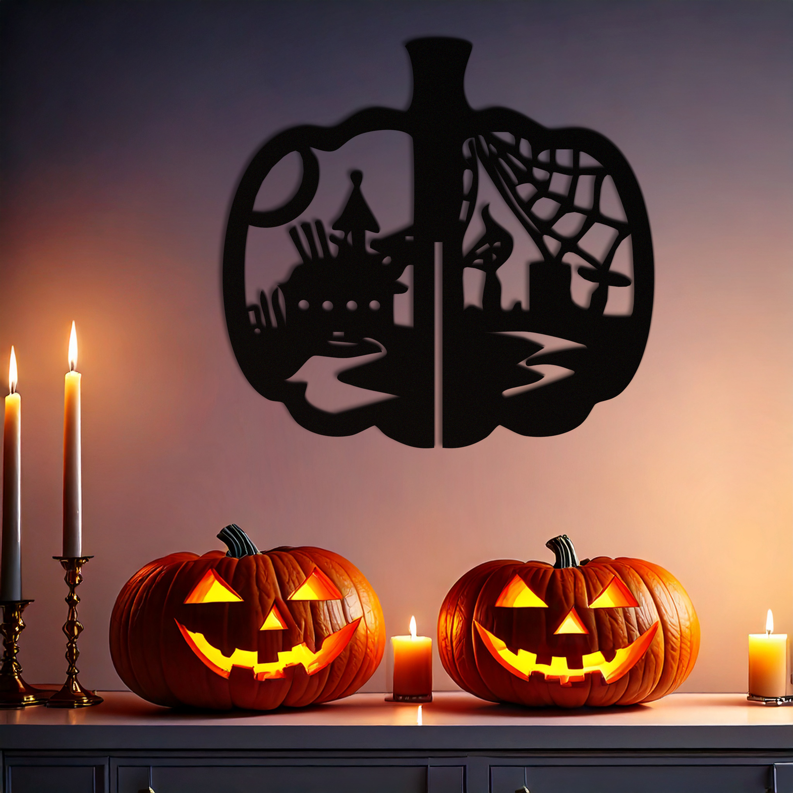 Halloween Pumpkin Metal Wall Art – Spooky Black Steel Halloween Decor- KAF498
