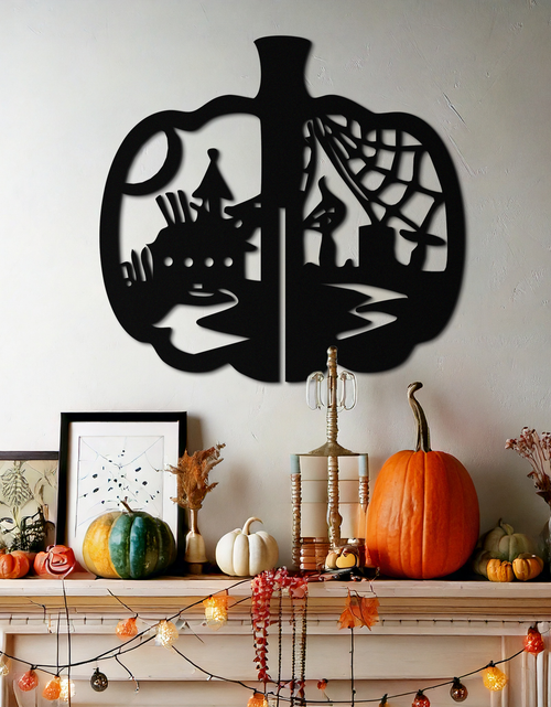 Load image into Gallery viewer, Halloween Pumpkin Metal Wall Art – Spooky Black Steel Halloween Decor- KAF498