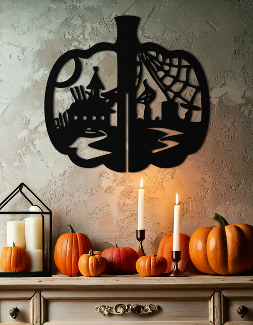 Load image into Gallery viewer, Halloween Pumpkin Metal Wall Art – Spooky Black Steel Halloween Decor- KAF498