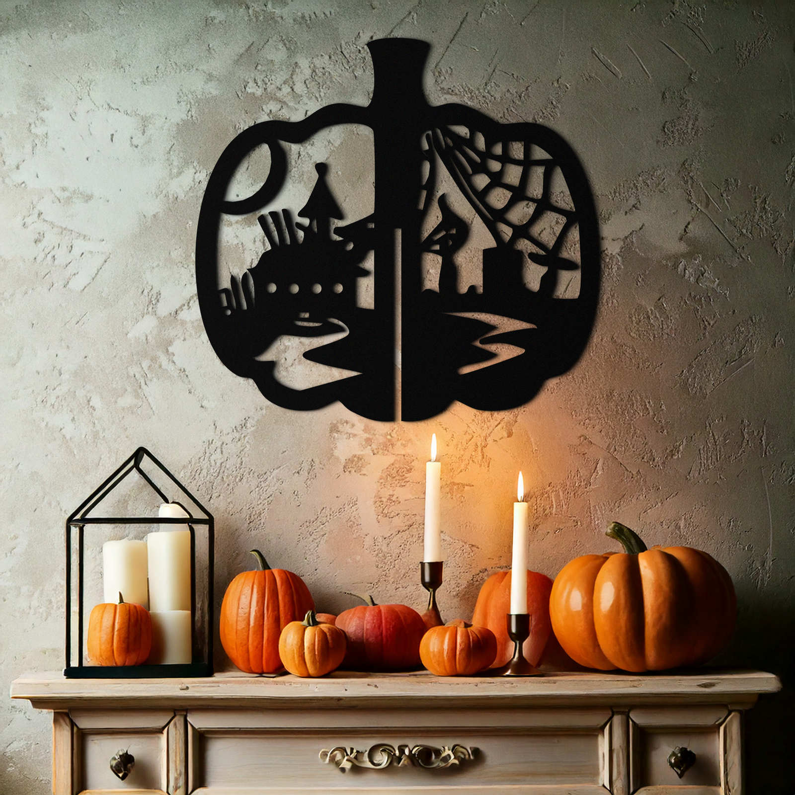 Halloween Pumpkin Metal Wall Art – Spooky Black Steel Halloween Decor- KAF498