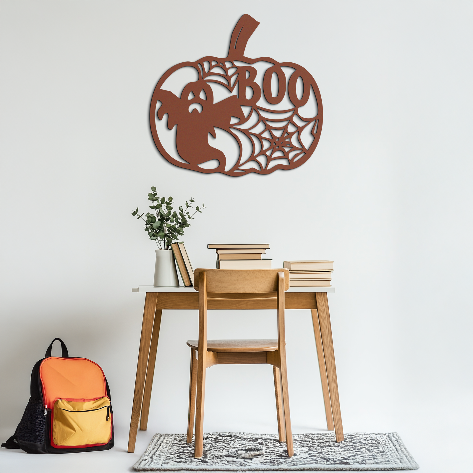 Halloween Pumpkin Ghost Metal Wall Art – Spooky Black Steel Holiday Decoration- KAF501