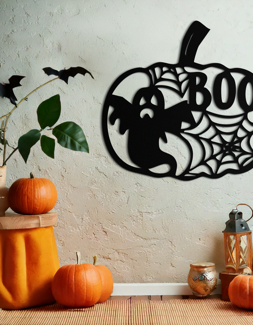 Load image into Gallery viewer, Halloween Pumpkin Ghost Metal Wall Art – Spooky Black Steel Holiday Decoration- KAF501