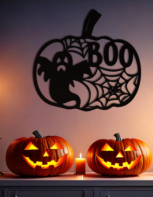 Load image into Gallery viewer, Halloween Pumpkin Ghost Metal Wall Art – Spooky Black Steel Holiday Decoration- KAF501