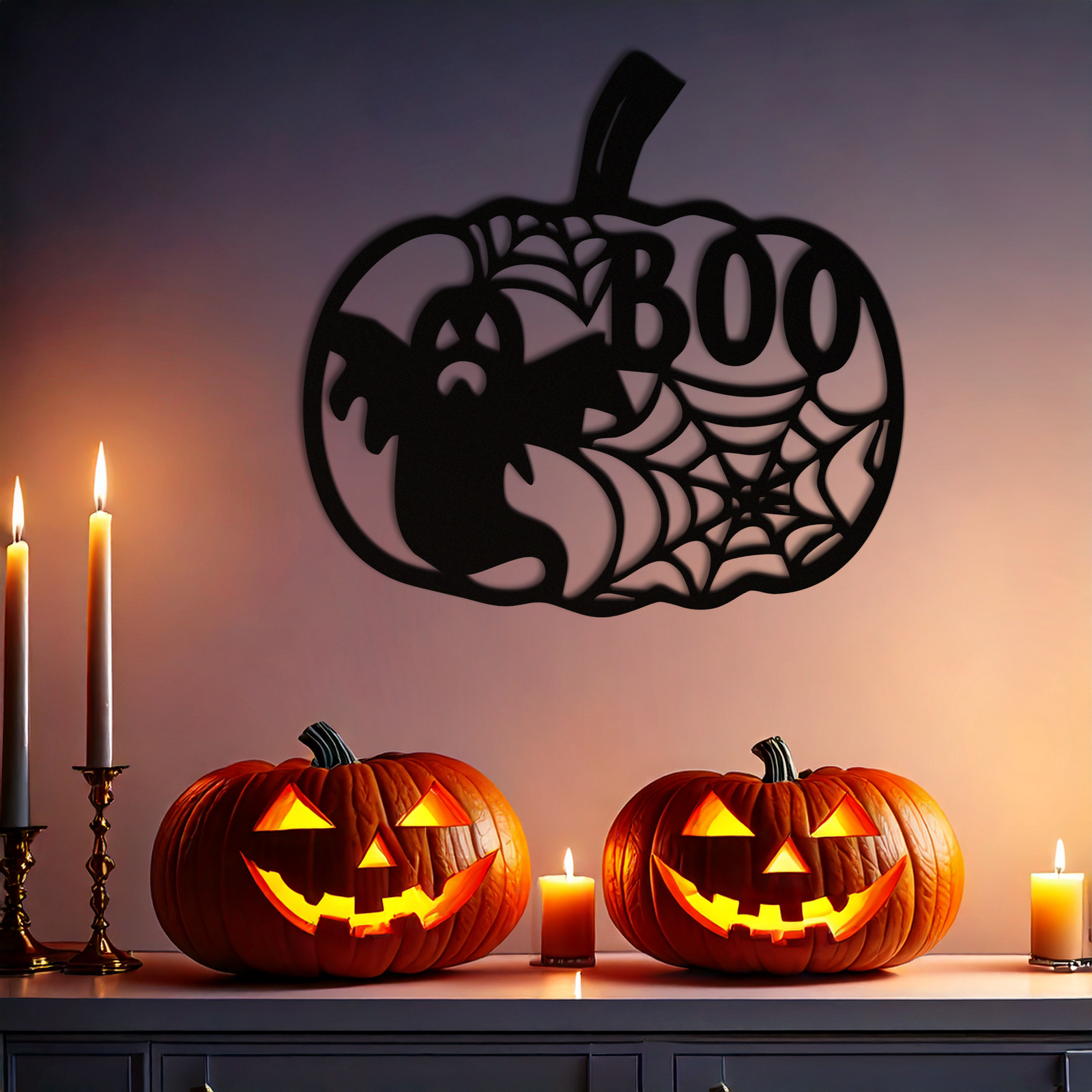 Halloween Pumpkin Ghost Metal Wall Art – Spooky Black Steel Holiday Decoration- KAF501