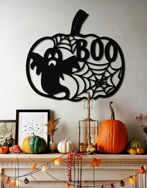 Load image into Gallery viewer, Halloween Pumpkin Ghost Metal Wall Art – Spooky Black Steel Holiday Decoration- KAF501