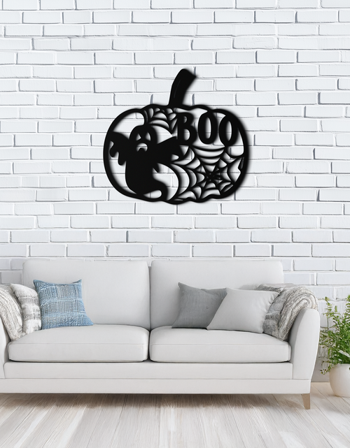 Load image into Gallery viewer, Halloween Pumpkin Ghost Metal Wall Art – Spooky Black Steel Holiday Decoration- KAF501