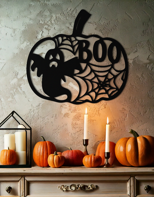 Load image into Gallery viewer, Halloween Pumpkin Ghost Metal Wall Art – Spooky Black Steel Holiday Decoration- KAF501