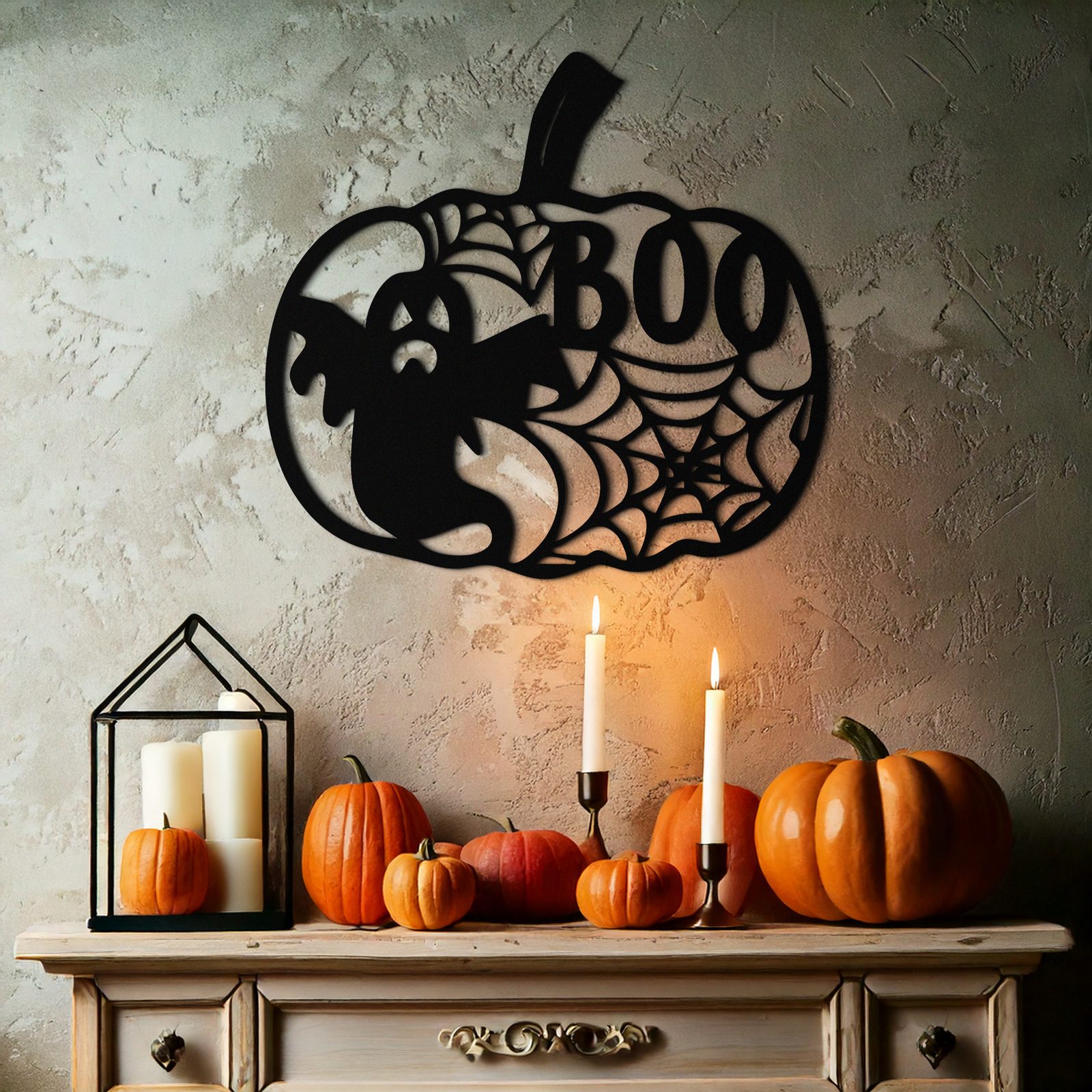 Halloween Pumpkin Ghost Metal Wall Art – Spooky Black Steel Holiday Decoration- KAF501