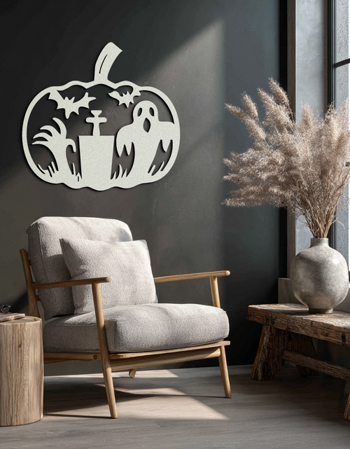 Load image into Gallery viewer, Halloween Ghost Pumpkin Metal Wall Art – Black Steel Spooky Holiday Decoration- KAF503