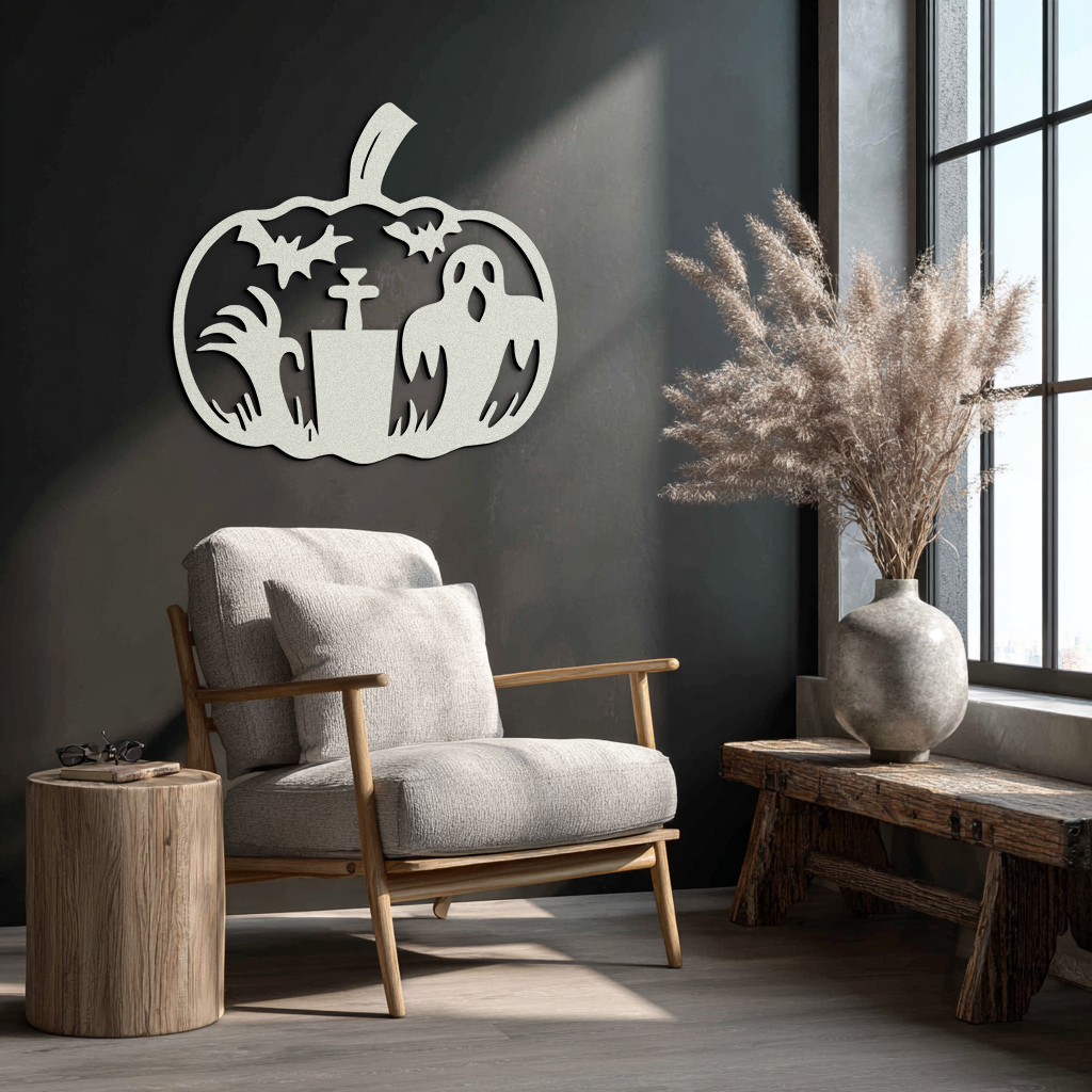 Halloween Ghost Pumpkin Metal Wall Art – Black Steel Spooky Holiday Decoration- KAF503