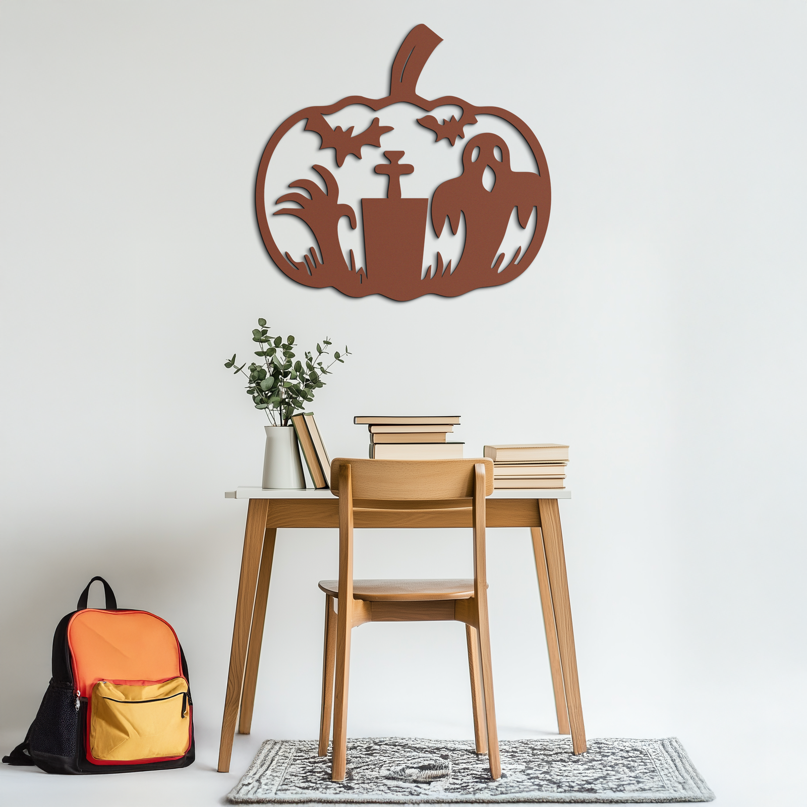 Halloween Ghost Pumpkin Metal Wall Art – Black Steel Spooky Holiday Decoration- KAF503