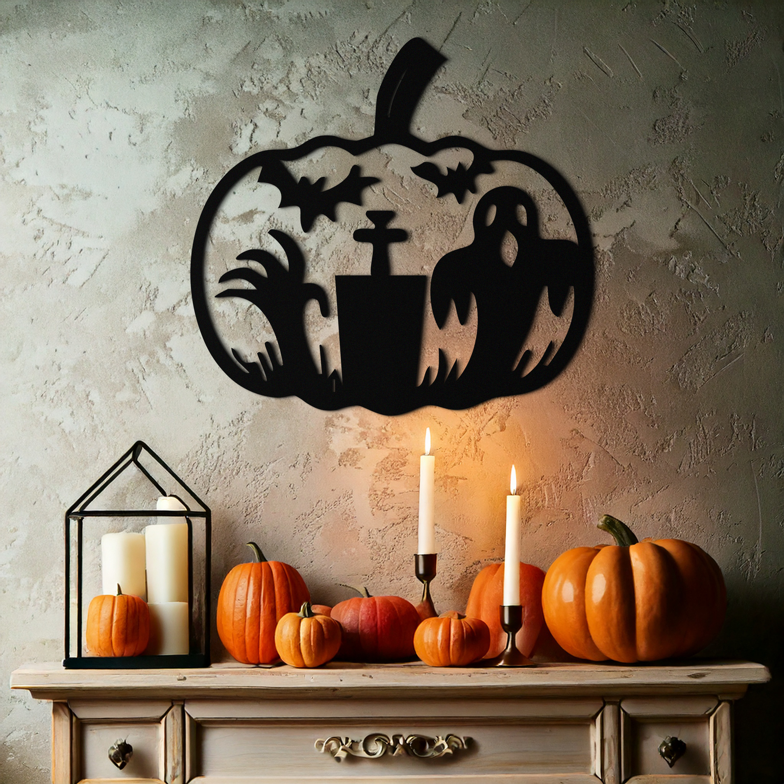 Halloween Ghost Pumpkin Metal Wall Art – Black Steel Spooky Holiday Decoration- KAF503