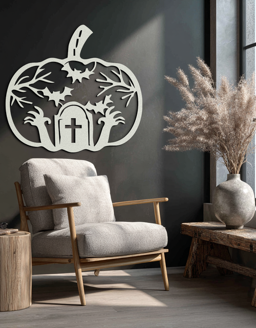 Load image into Gallery viewer, Halloween Cemetery Pumpkin Metal Wall Art – Spooky Black Steel Halloween Decor- KAF504