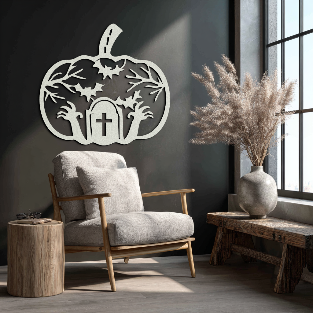 Halloween Cemetery Pumpkin Metal Wall Art – Spooky Black Steel Halloween Decor- KAF504