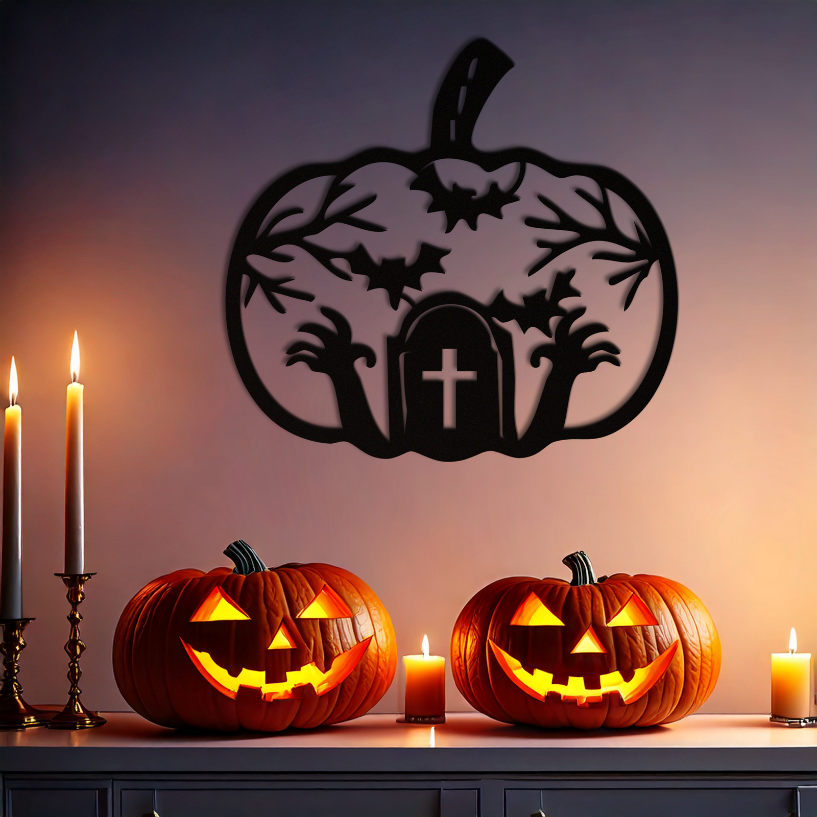 Halloween Cemetery Pumpkin Metal Wall Art – Spooky Black Steel Halloween Decor- KAF504