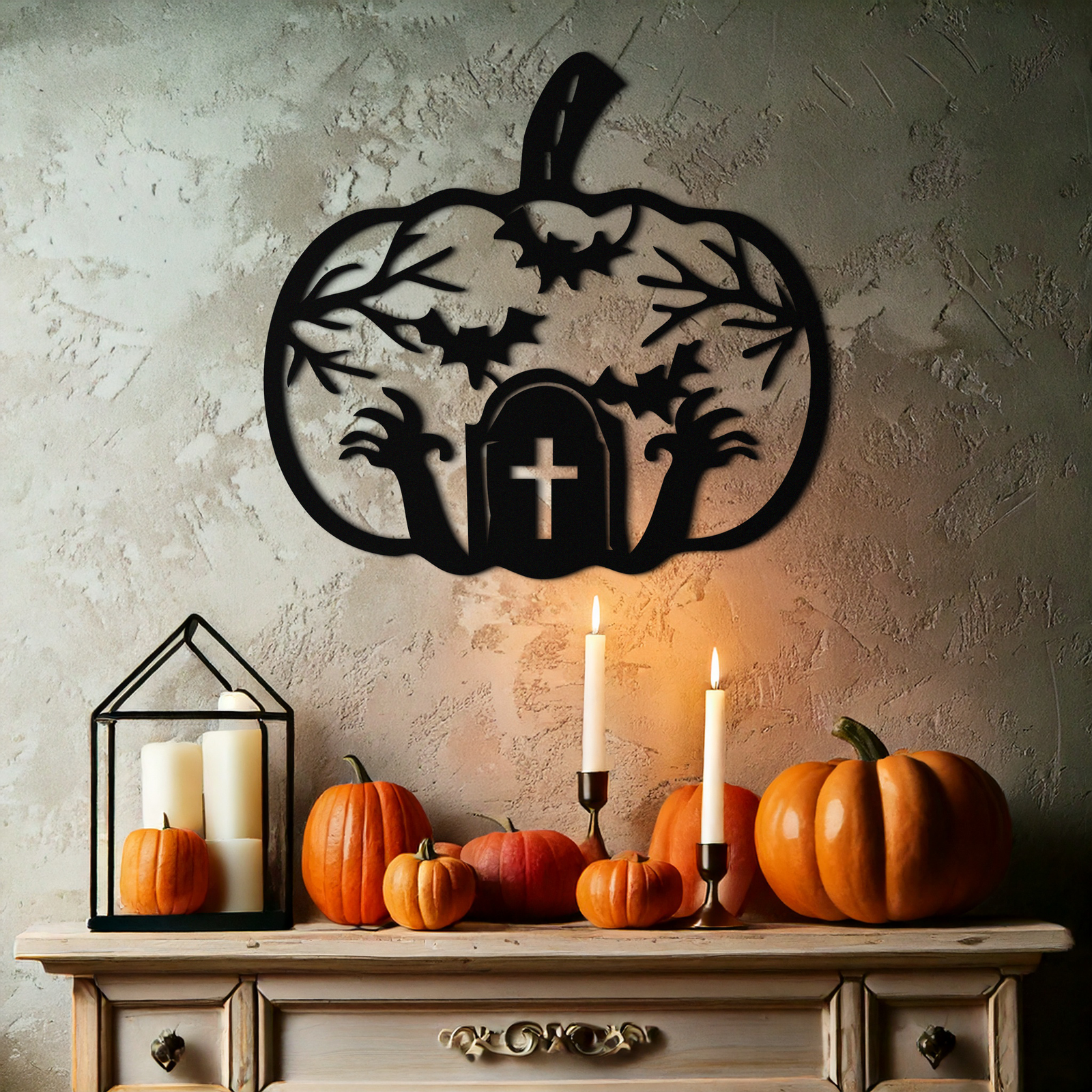 Halloween Cemetery Pumpkin Metal Wall Art – Spooky Black Steel Halloween Decor- KAF504