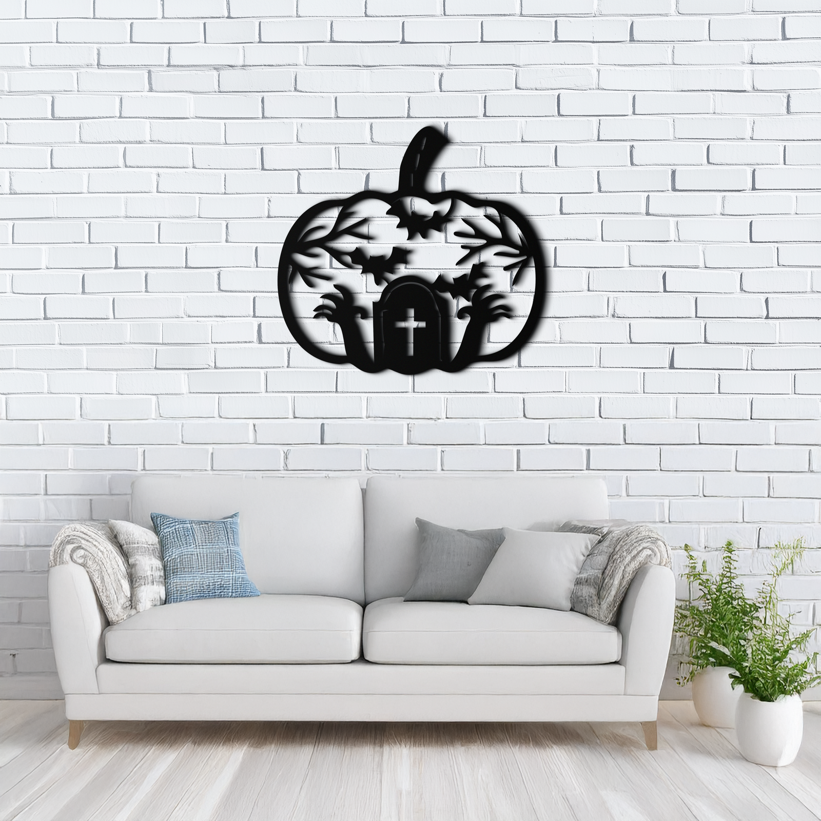Halloween Cemetery Pumpkin Metal Wall Art – Spooky Black Steel Halloween Decor- KAF504