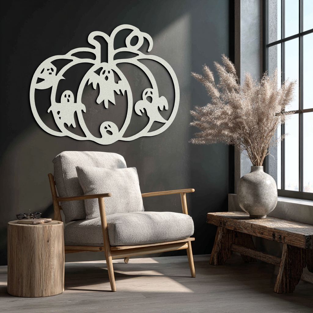 Halloween Pumpkin and Ghosts Metal Wall Art – Spooky Black Steel Decoration- KAF505