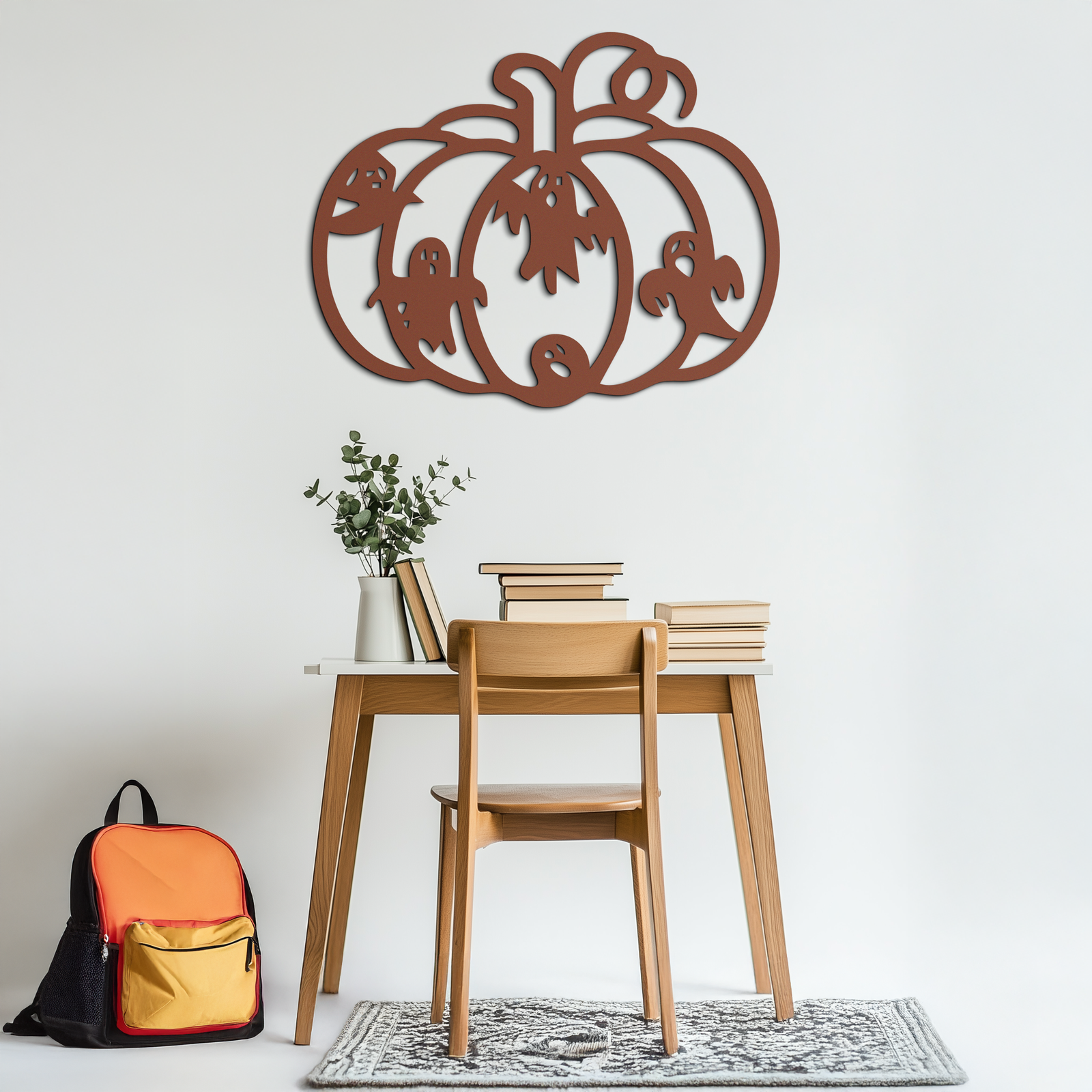 Halloween Pumpkin and Ghosts Metal Wall Art – Spooky Black Steel Decoration- KAF505