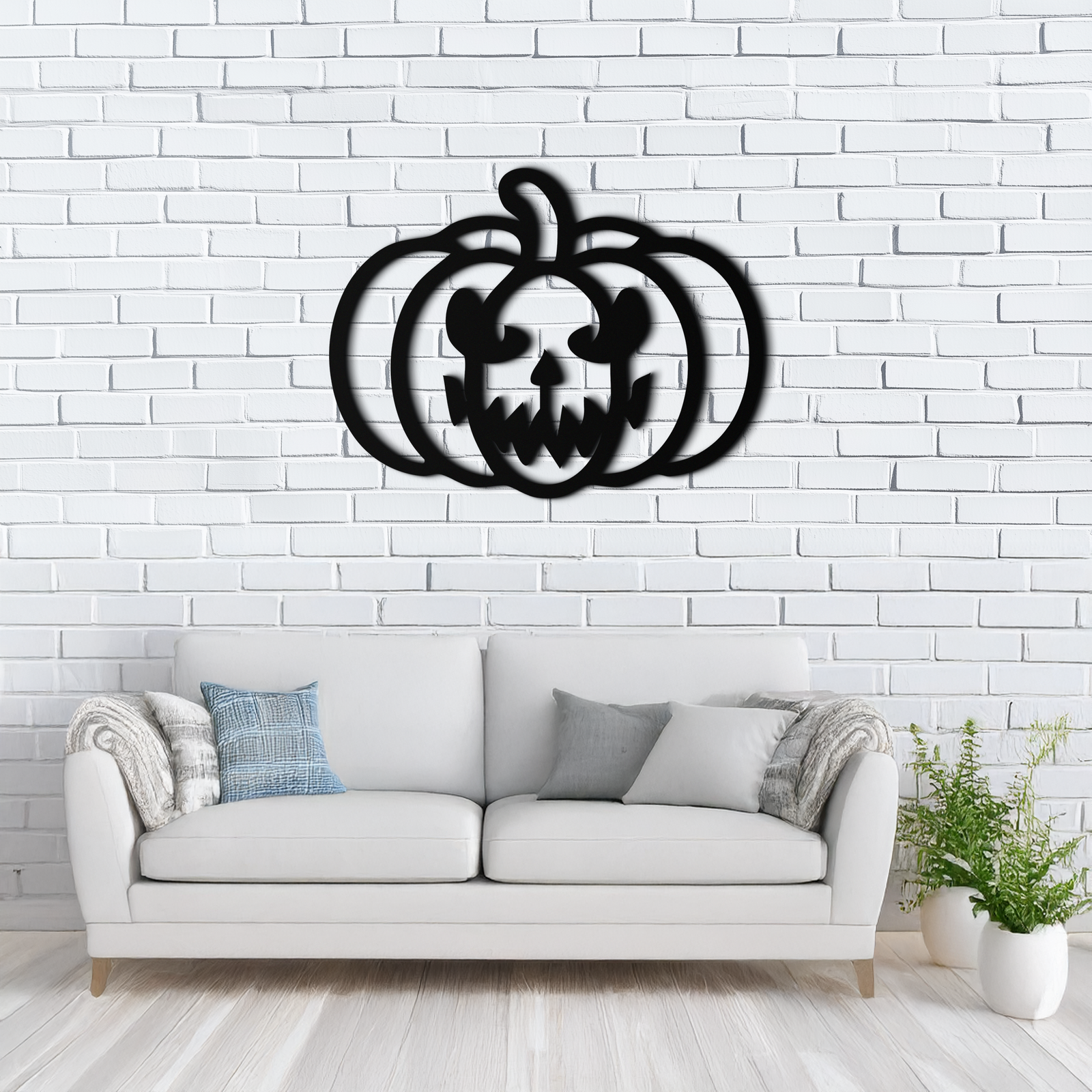 Scary Pumpkin Face Metal Wall Art – Black Steel Halloween Decor- KAF507