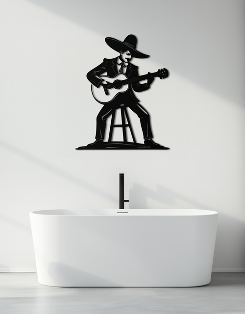 Load image into Gallery viewer, Mexican Musician Metal Wall Art – Black Steel Guitarist Day of the Dead Decor- KAF510