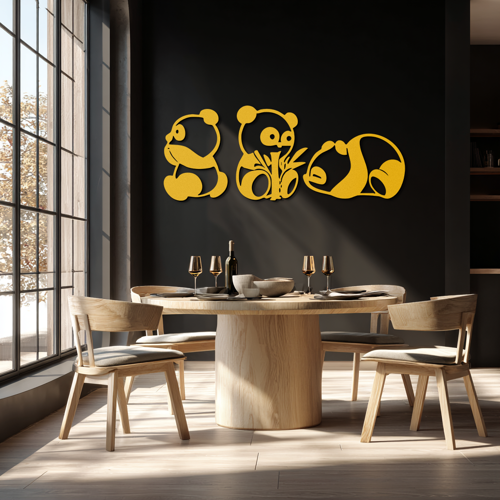 Cute Panda Trio Metal Wall Art – Black Steel Playful Animal Nursery Decor- KAF515
