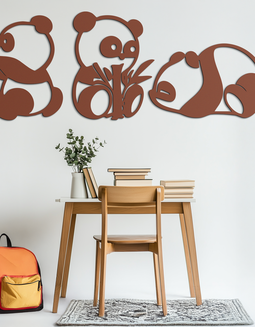 Load image into Gallery viewer, Cute Panda Trio Metal Wall Art – Black Steel Playful Animal Nursery Decor- KAF515