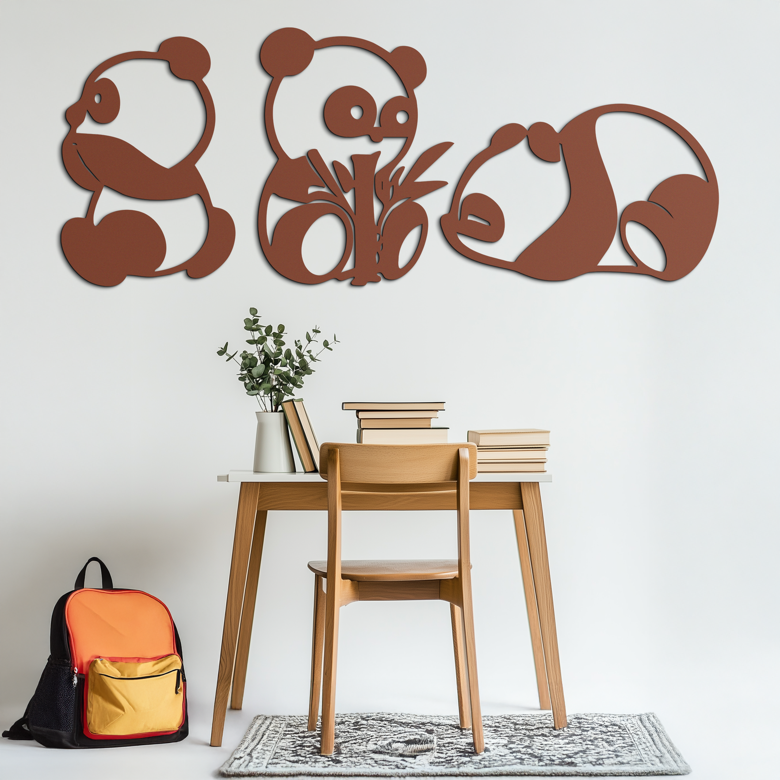 Cute Panda Trio Metal Wall Art – Black Steel Playful Animal Nursery Decor- KAF515
